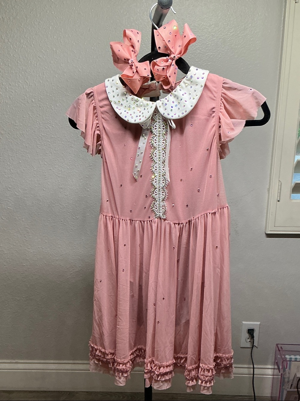 Girls Pink Embellished Peter Pan Collar Skating Dance  Competition Dress
